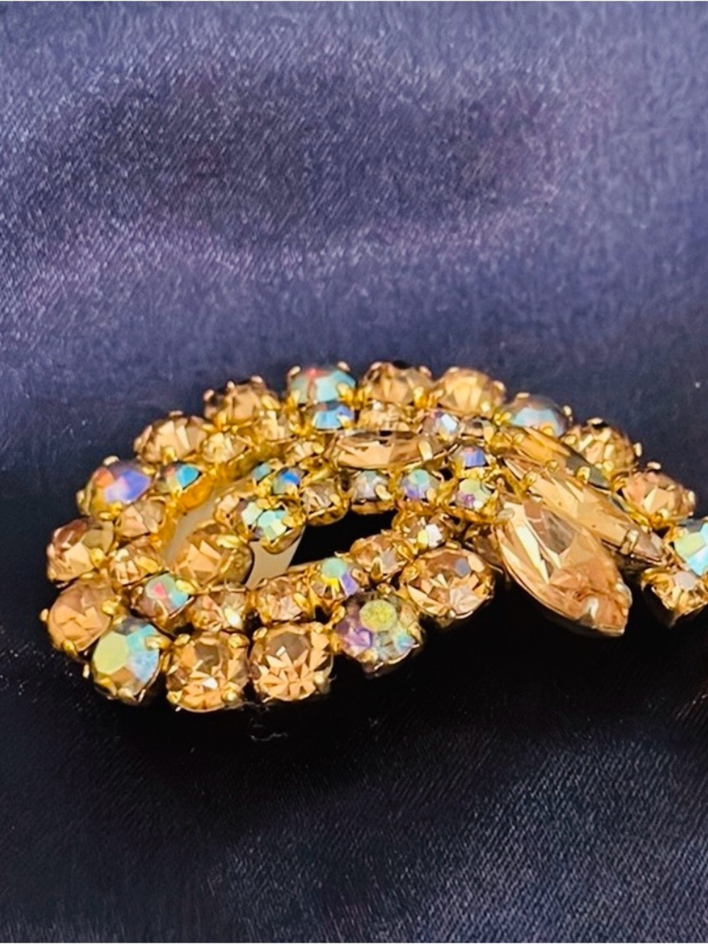 Vintage Aurora Borealis Crystal Shrimp Brooch in Gold tone.